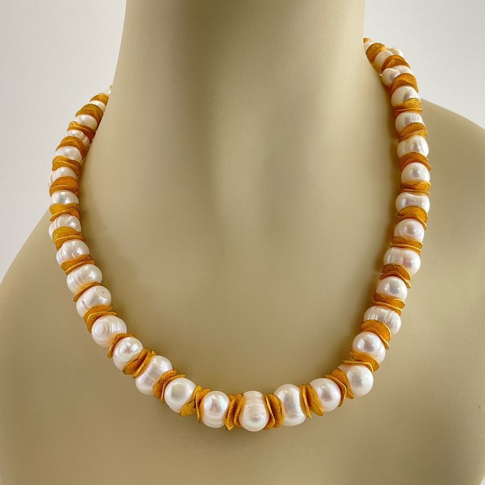 Chunky, White Baroque Pearl & Sparkle Gold Necklace, Fresh Water Pearls, Baroque